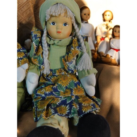 Vintage Boy & Girl Porcelain Cloth Dolls Sunflower Outfits Farmhouse Decor - Picture 2 of 9